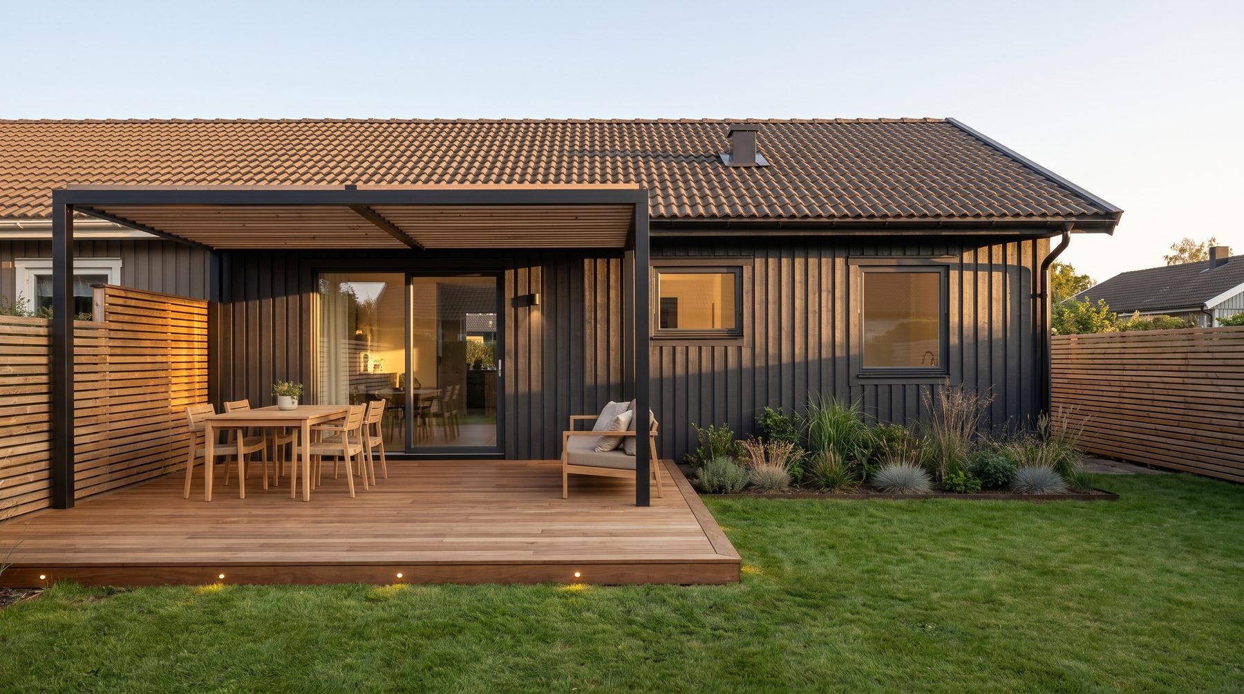 Samma baksida med nytt trädäck, pergola, mörk panel och stort skjutparti.