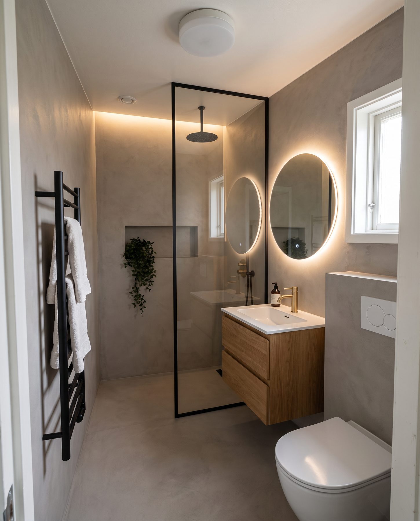 Samma badrum i varmgrå mikrocement med walk-in dusch, ekkommod och rund spegel.