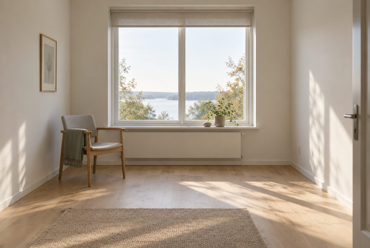 Ett tomt, lugnt rum med morgonljus och utsikt mot Mälaren