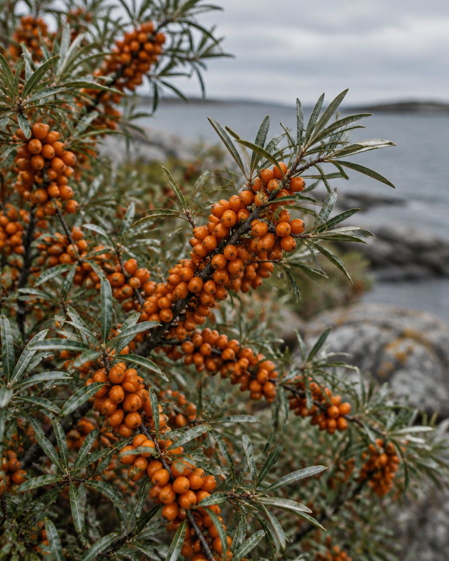 Havtornsgrenar med orange bär vid kusten