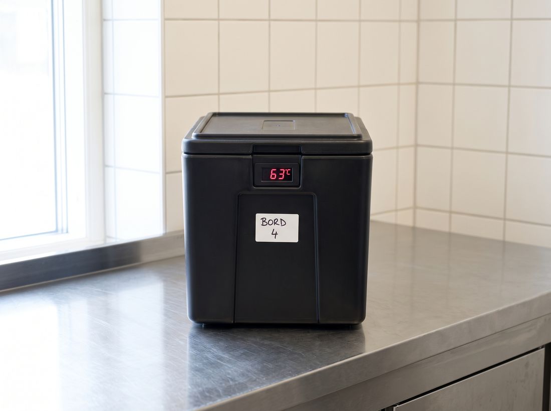 Värmebox märkt Bord 4, termometern visar 63 grader