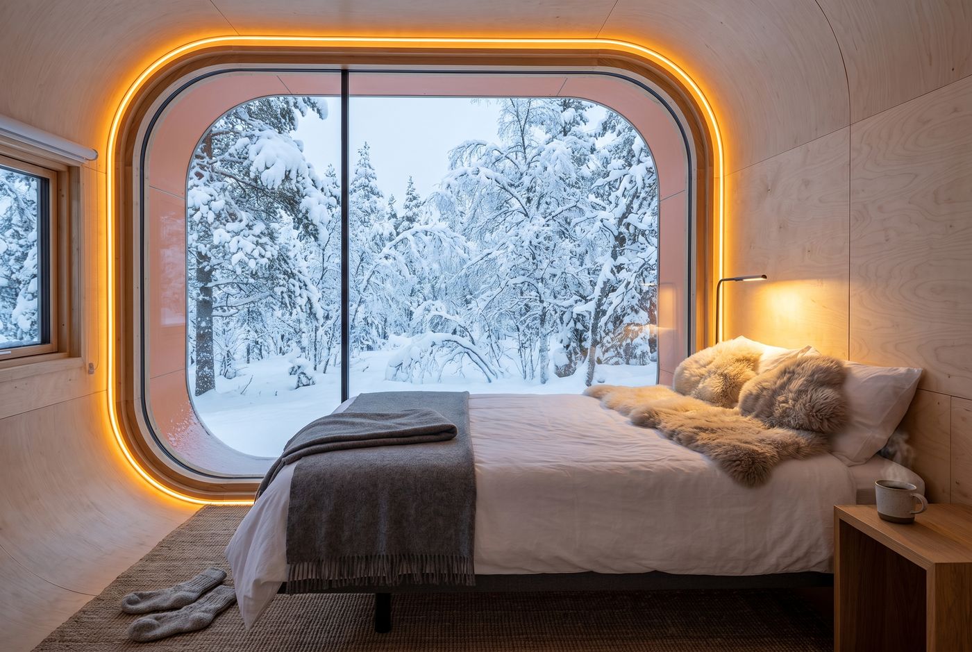 Insidan av en kapsel med snötyngd skog utanför