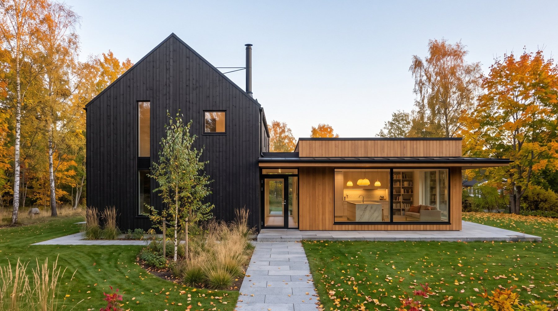 Färdigt nybyggt hus i svart panel och ek, en höstdag