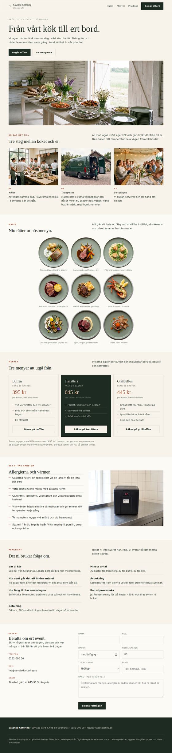 The Sävstad Catering home page, top to bottom