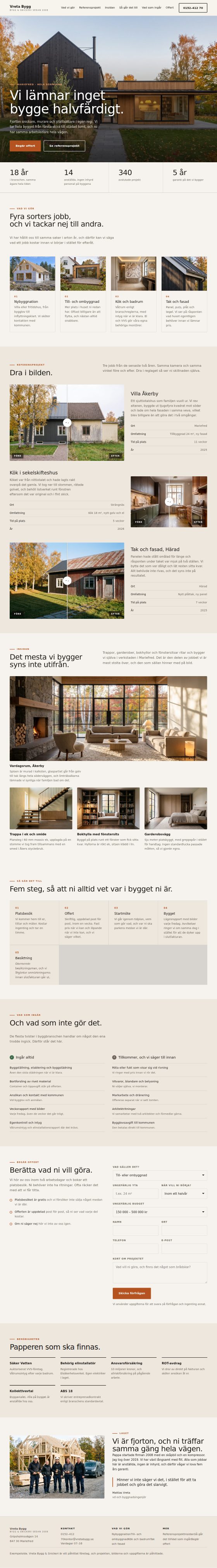 The Vreta Bygg home page from top to bottom